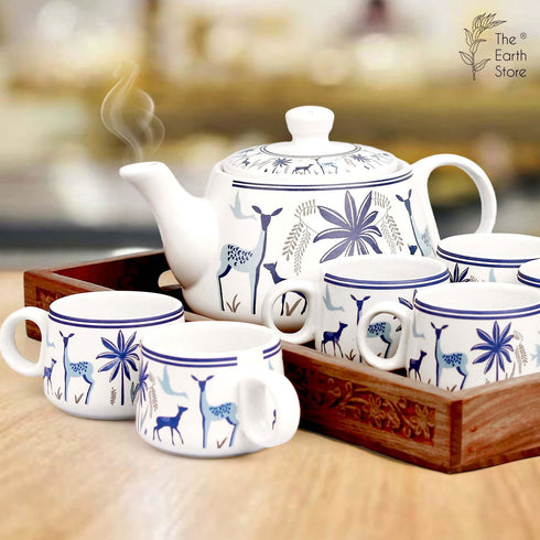 Ceramic Stag Blue Morning Tea Set - 6 Tea Cups, 1 Kettle - The Earth Store - Tea Sets